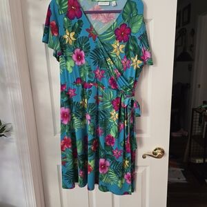 Susan Graver Teal Floral Wrap Midi Dress